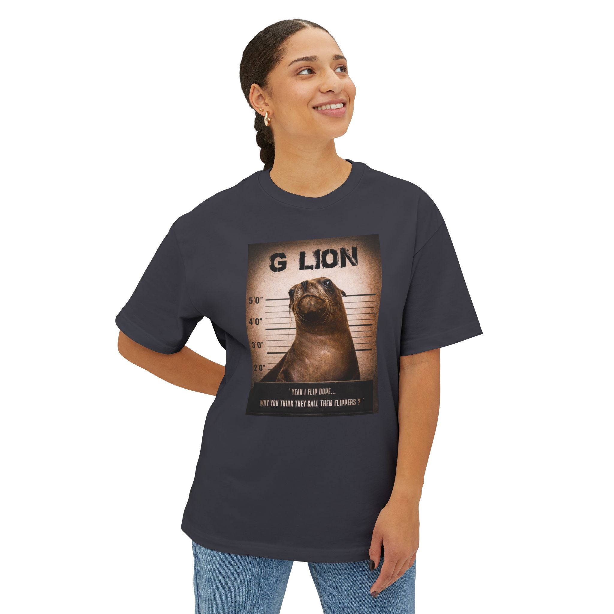 G Lion Mugshot Tee — Funny Sea Lion Pun Graphic T‑Shirt