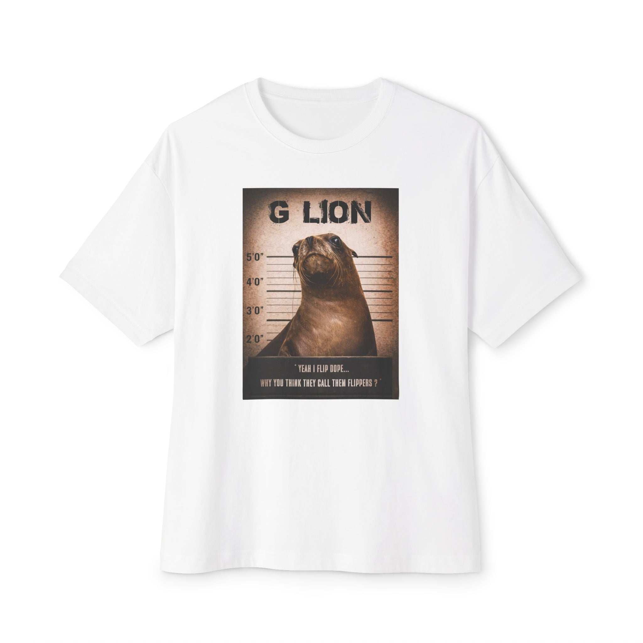 G Lion Mugshot Tee — Funny Sea Lion Pun Graphic T‑Shirt
