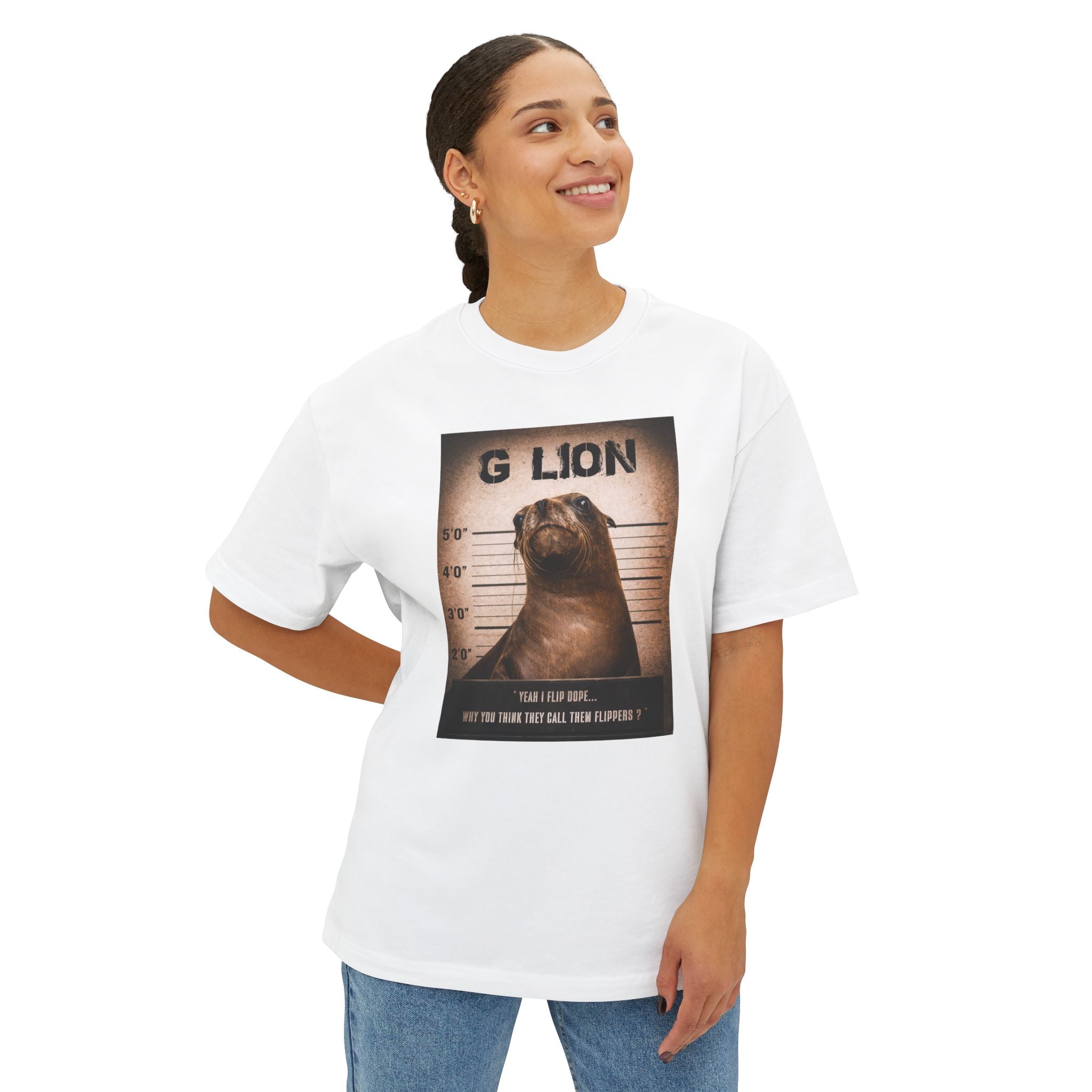 G Lion Mugshot Tee — Funny Sea Lion Pun Graphic T‑Shirt
