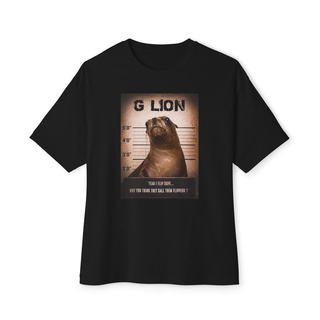 G Lion Mugshot Tee — Funny Sea Lion Pun Graphic T‑Shirt