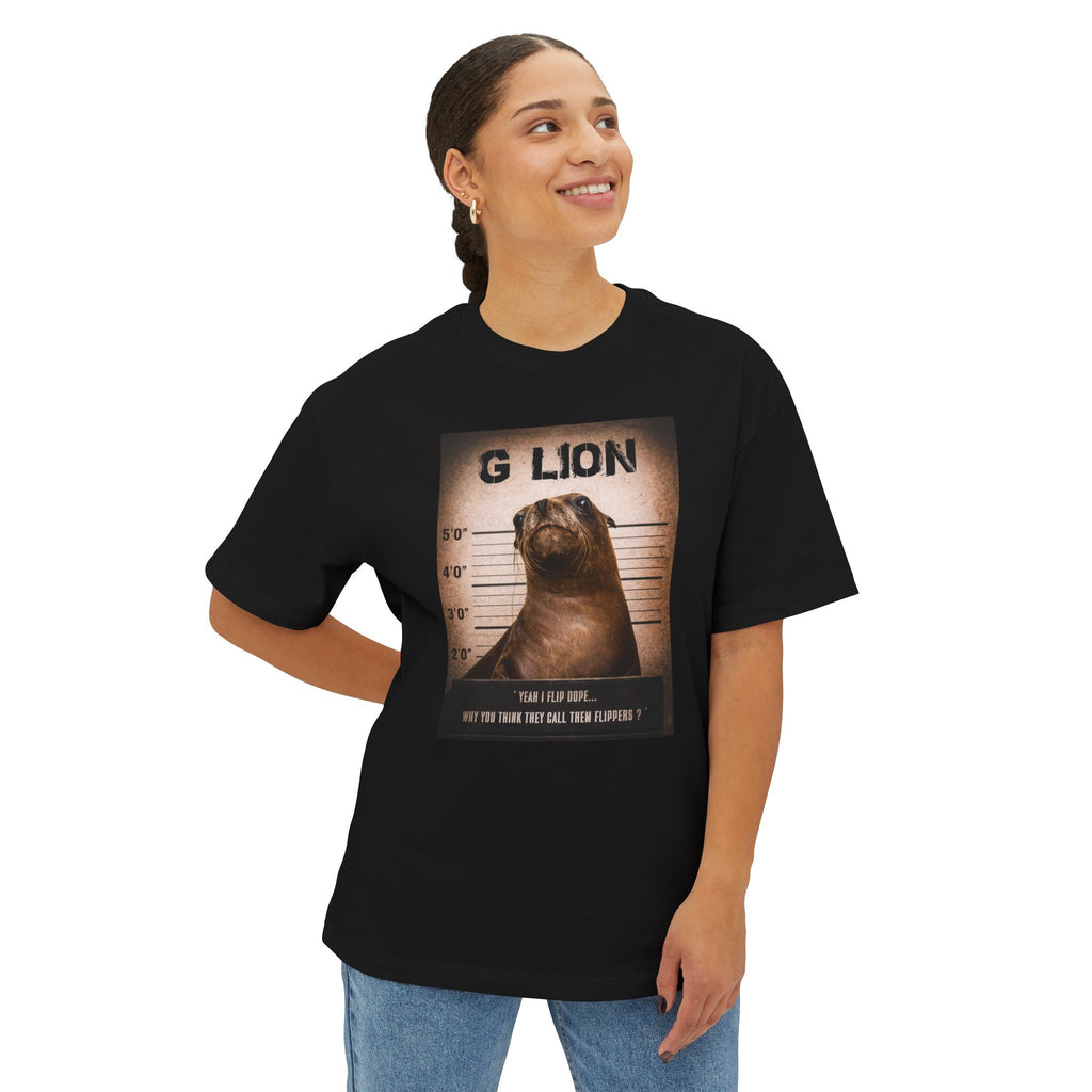 G Lion Mugshot Tee — Funny Sea Lion Pun Graphic T‑Shirt