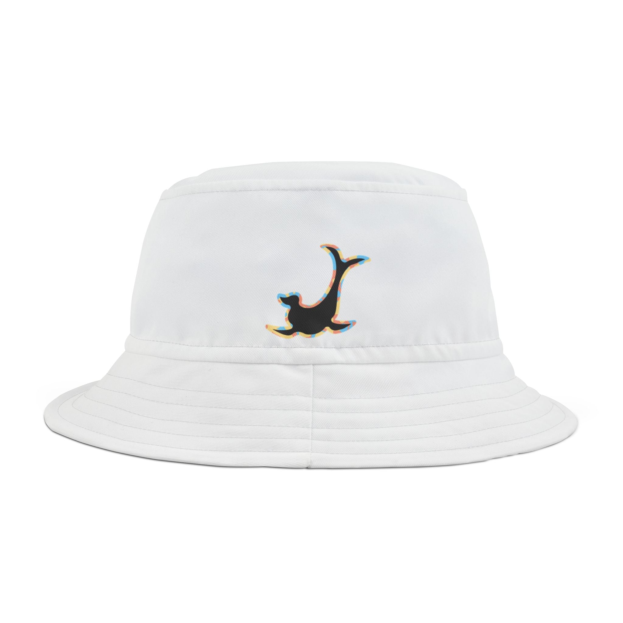 Sea Lion Silhouette White Bucket Hat – Multicolor Camo Graphic