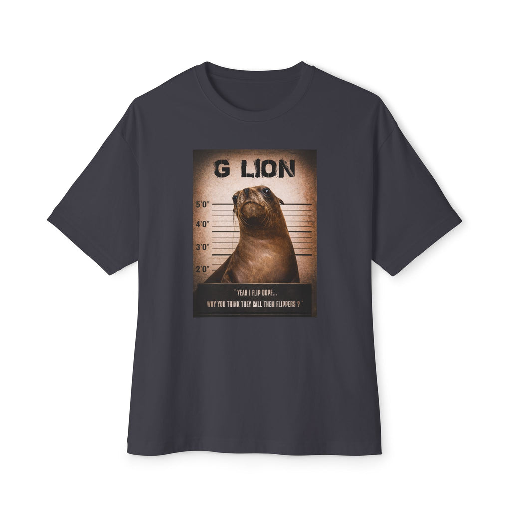 G Lion Mugshot Tee — Funny Sea Lion Pun Graphic T‑Shirt
